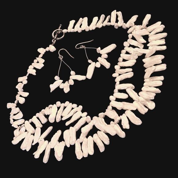 Freshwater Stick Pearl Necklace and Earrings Set Vintage 1980s T-Clasp - Picture 12 of 14